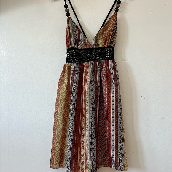 VTG 90s Tricia Fix SUNDRESS small beads 70s crochet lace groovy retro crossback - Picture 8 of 16